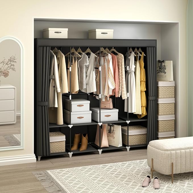 MOGELAFOO Portable Closet Wardrobe, 67-Inch Clothes Organizer with 4 Hanging Rods and 8 Shelves, Non-Woven Fabric Cover, Large Capacity Storage for Bedroom and Living Room, Black