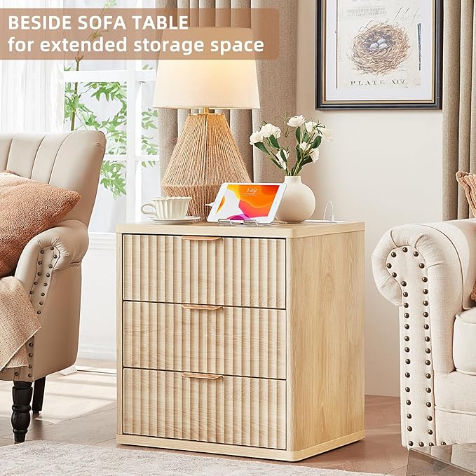LEYAOYAO Fluted Nightstand Set of 2 with Charging Station,23" Modern Nightstand with Woodgrain Top, 3 Drawer End Table w/Storage, BedsideTables for Bedroom, Living Room, Curved Profile,Wood