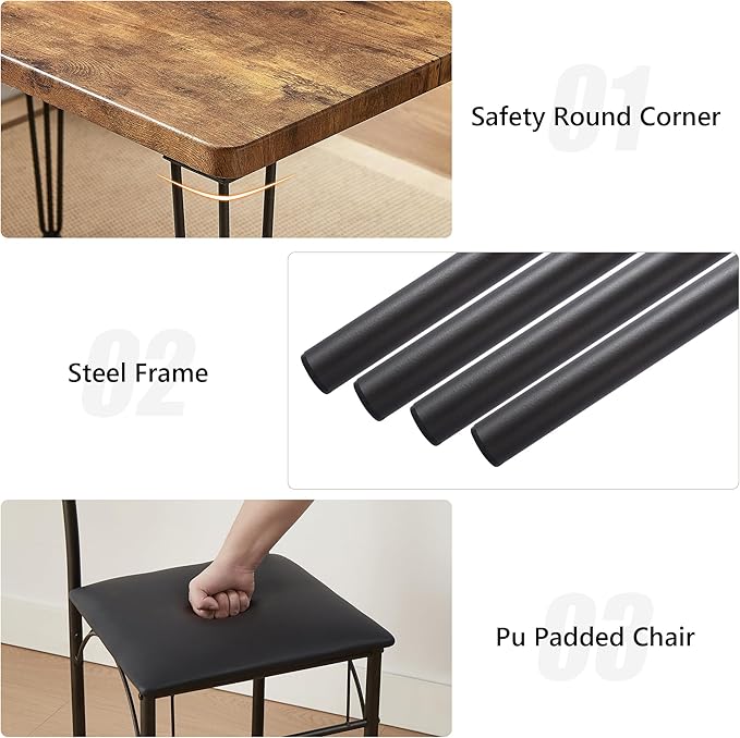 VECELO 3-Piece Dining Table Set for Home Kitchen Small Space Breakfast Nook, 2 Faux Leather Metal Frame Chairs,Brown,Set for 2