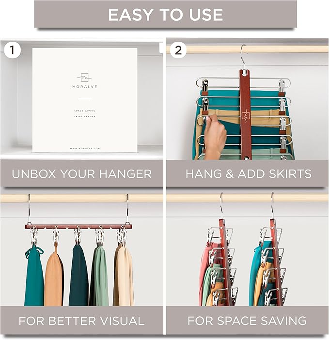 MORALVE Skirt Hangers Space Saving with Clips - 2 Pack - European Beechwood 5-Tier Hanger for Shorts, Skirts, and Pants - Closet Organizer and Storage Solution for Women with 360° Swivel Hook