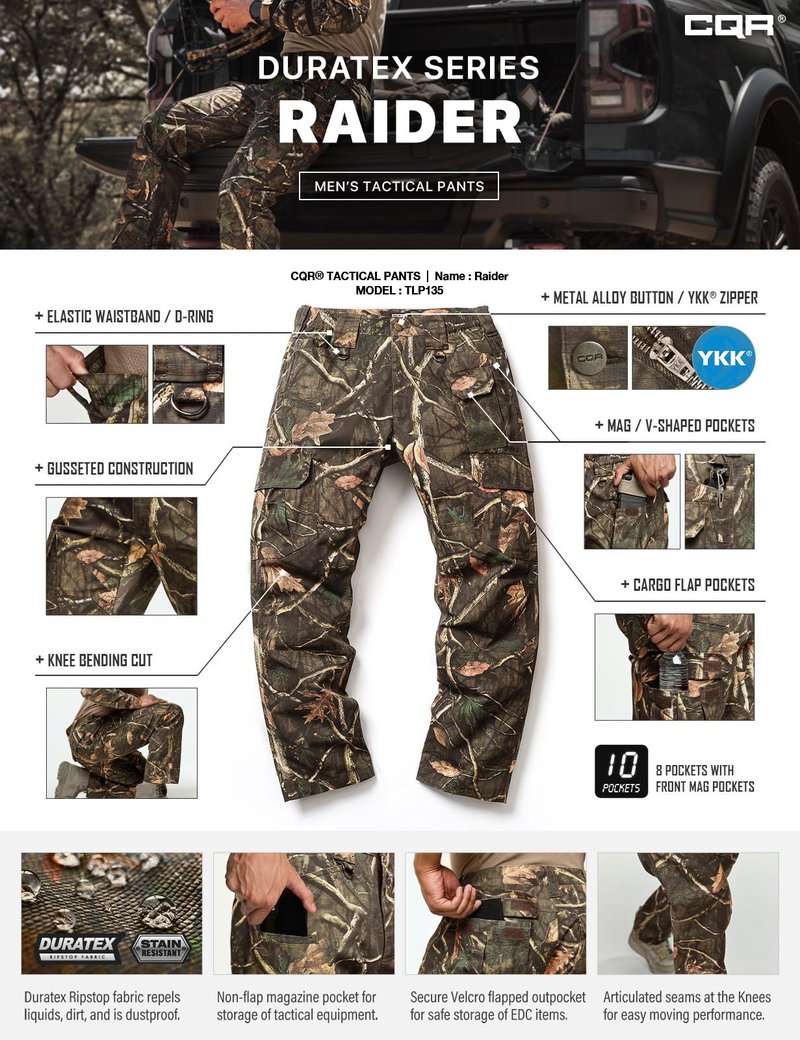 CQR Men's Tactical Pants, Water Resistant Ripstop Cargo Pants, Lightweight EDC Work Hiking Pants, Outdoor Apparel, Duratex Mag Pocket Print Hunting Camo, 30W x 32L