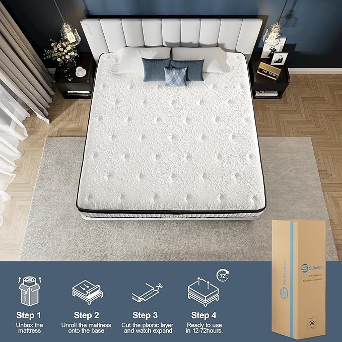 Suiforlun Queen Mattress 12 Inch, Pillow Top Gel Memory Foam Hybrid Mattress with Luxury 7 Layers, Zone Pocket Coils Innerspring for Back Pain Relief, Medium Firm, 120 Nights Trial
