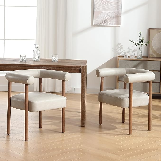 PU Leather Dining Chairs Set of 6, Modern Upholstered Dining Chair, Curved Backrest Kitchen Chairs Accent Chair Armchairs with Natural Wood Legs, Grey