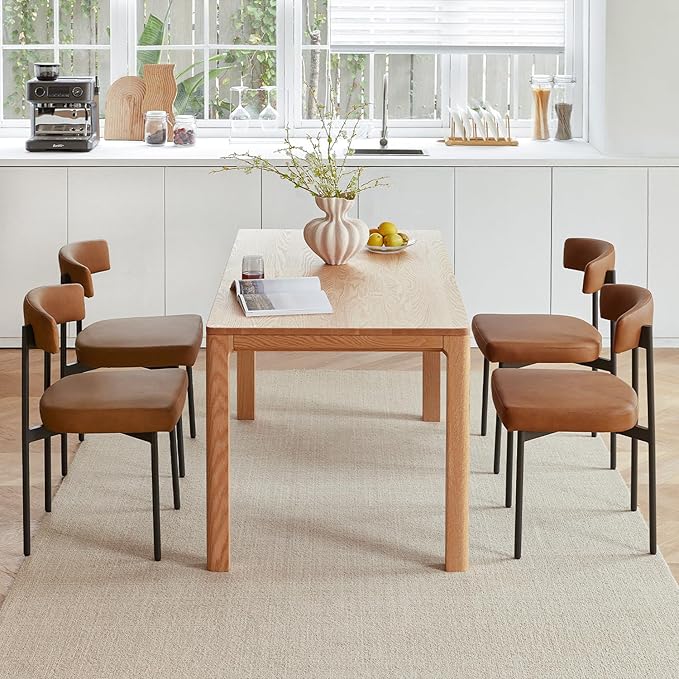Brown Faux Leather Dining Chairs Set of 2, Armless Upholstered Kitchen Chair,Modern Dining Room Chair with Curved Backrest