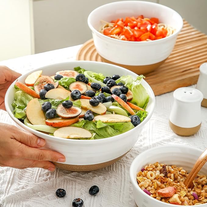 HASENSE Serving Bowls,Ceramic Mixing Bowls, Large Salad Pasta Bowls Set, 2.1/1.0/0.5 Qt for Entertaining, White Nesting Batter Bowls for Prepping Baking, Dishwasher Microwave Safe, Set of 3