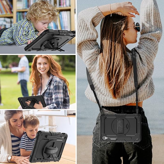 HXCASEAC Case for Galaxy Tab S10 FE / S9 FE 5G 10.9 inch, Shockproof Design with Screen Protector, 360° Hand Strap Stand, S Pen Holder, Heavy Duty Protective Samsung S9 FE / S10 FE Tablet Case, Black