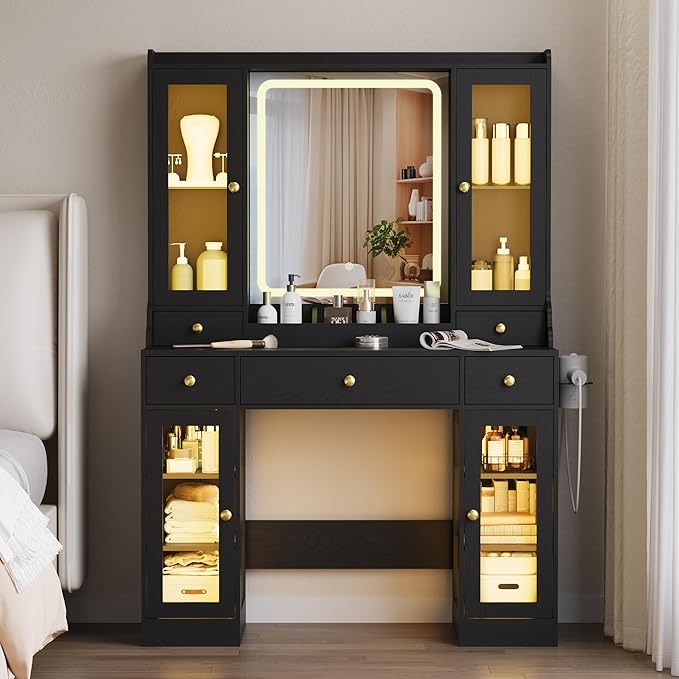 Vanity Desk with Mirror and Lights, Black Makeup Vanity Table with 3 Modes & Adjustable Brightness, Glass Cabinets, Drawers, Outlet, Modern Dressing Table for Bedroom, Girls, Women, Teens