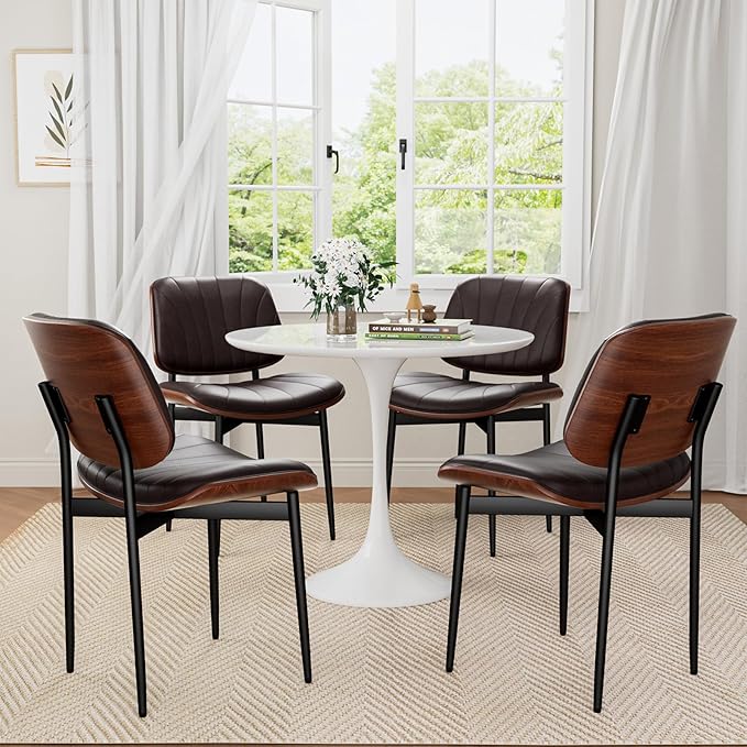 Dining Chairs Set of 4, Mid-Century Modern Upholstered PU Leather Chairs with Walnut Bentwood Back and Metal Legs Adjustable Feet for Kitchen Dining Room, Dark Brown Shell Strips