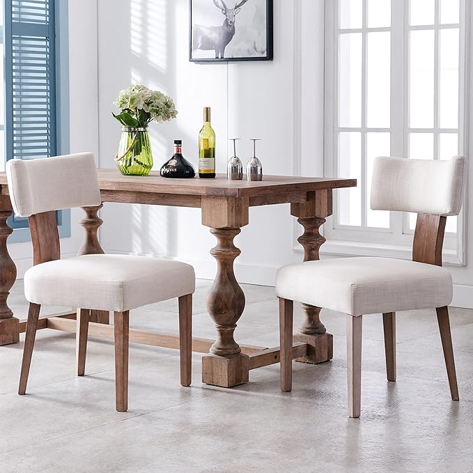 Mid Century Modern Dining Chairs Set of 4 Upholstered Linen Fabric Dining Chairs Curved Backrest Farmhouse Dining Room Chairs Kitchen Chairs with Wood Legs, Beige