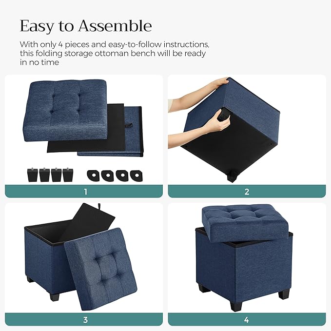 SONGMICS Storage Ottoman, Small Ottoman Foot Rest with Legs, 15 x 15 x 15.7 Inches Foot Stool, Load up to 660 lb, for Living Room, Bedroom, Dorm, Midnight Blue ULSF14IN