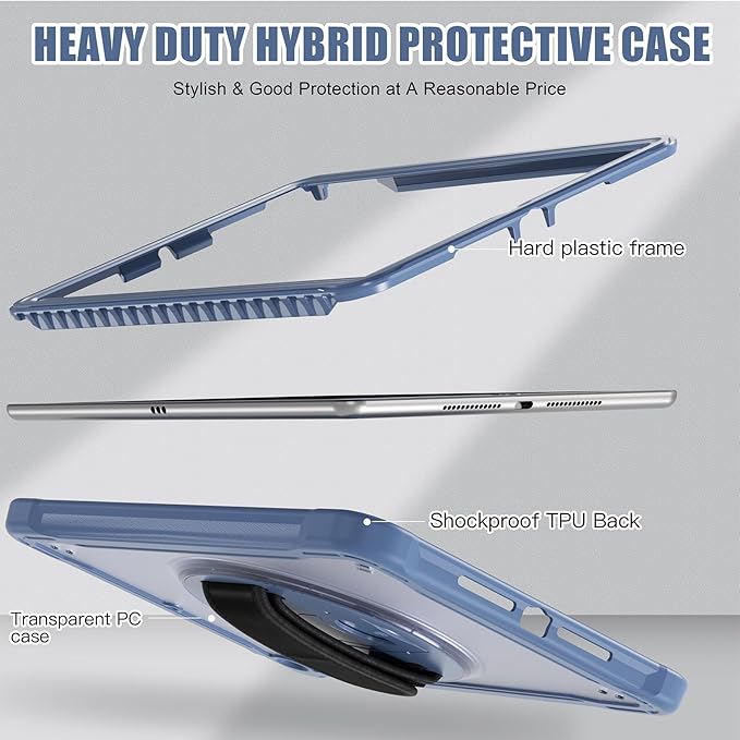 ZenRich Clear Case for iPad 9th/8th/7th Generation 10.2 inch 2021/2020/2019, Shockproof Slim Hard Case with Pencil Holder/360°Rotating Kickstand/Handle/Carrying Strap, LavenderGrey