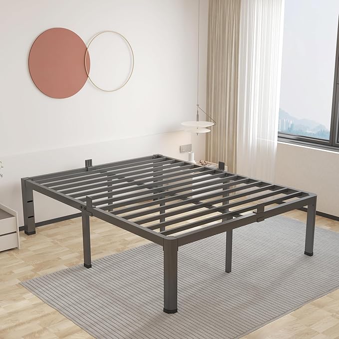 ROIL 12 inch Full Size Bed Frame with Headboard Hole and Round Corner Legs Mattress Retainers 3500LBS Heavy Duty Steel Slats No Box Spring Needed Platform Noise-Free Underneath Storage