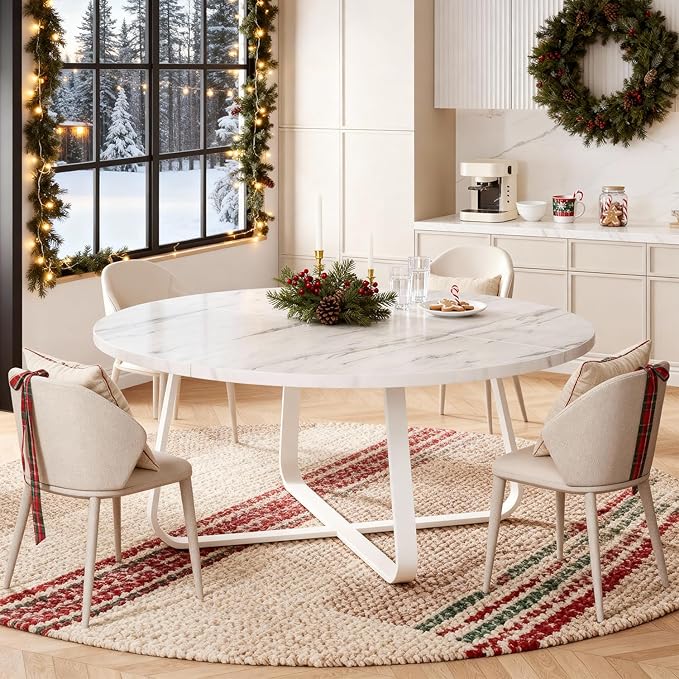 LVB White Faux Marble Round Dining Table, Circle Dining Table Kitchen 4-6 People, Mid-Century Pedestal Dinner Office Living Room, White Marble, 51 Inch