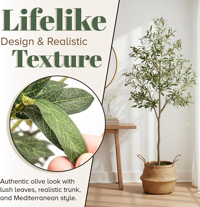 Olive Trees Artificial Indoor 6FT Tree with Rechargeable LED Spotlight, Decorative Moss & Weighted Pot – Tall Realistic Olive Plant for Home, Office, or Event Décor (6FT)