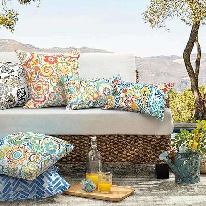 Pack of 2 Patio Throw Pillow Covers ONLY, Water Repellent Cushion Cases 20x20 Inch, Square Pillowcases for Outdoor Couch Decoration, Paisley Multi