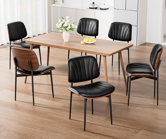 Dining Chairs Set of 8, Mid-Century Modern Upholstered PU Leather Chairs with Walnut Bentwood Back and Metal Legs Adjustable Feet for Kitchen Dining Room, Black Shell Strips