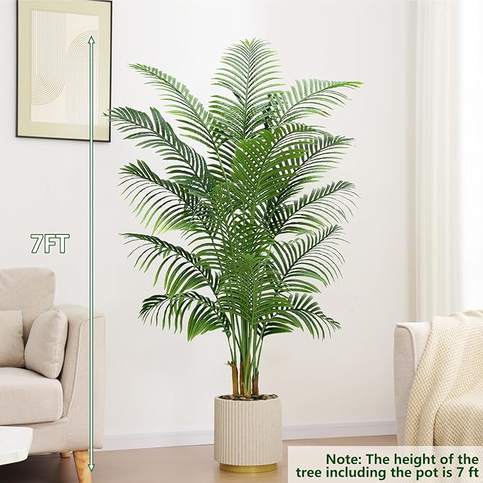 2 Pack Artificial Palm Tree Indoor Plant 7FT Tall Fake Tropical Palm Tree in Pot, Real Bark Design Faux Areca Palm Tree for Home Office Living Room Bedroom Farmhouse Modern Outdoor Topiary Tree