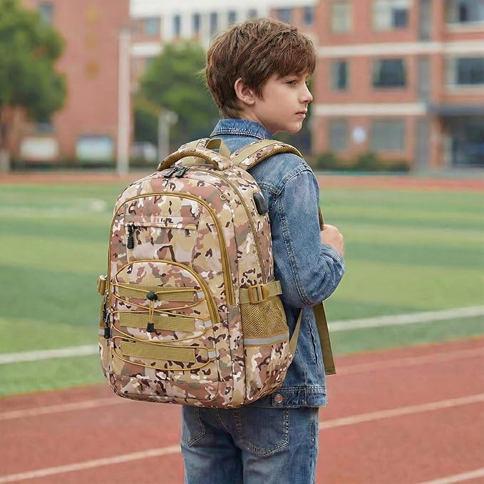 Kids Backpack for Boys - Camo Boys Backpacks for Kids Teens Elementary Middle School, 18″ Camouflag Students Bookbag with Usb Charging Port & Key-chain, Perfect for Travel and School