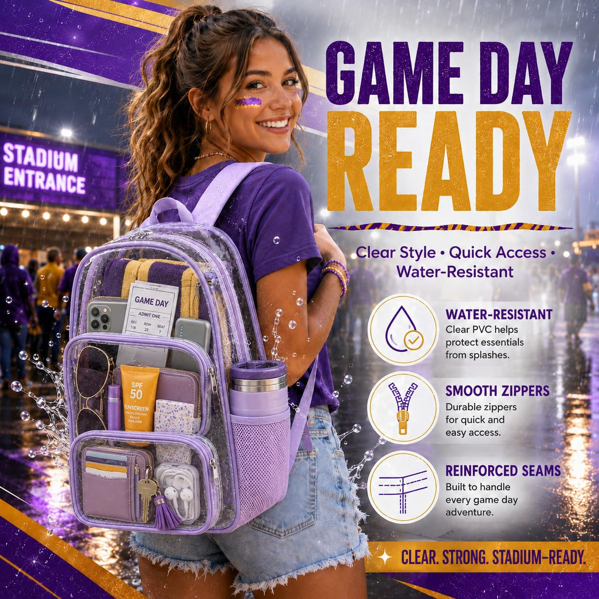 BTOOP Clear Backpack Heavy Duty Transparent Backpack 17" See Through Bookbag for College Work Festival Security Padded Strap (Purple)