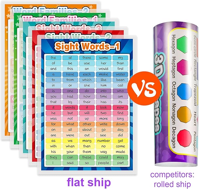 5 Pieces Laminated Educational Posters Sight Words and Word Families Posters Learning Charts, Decorations, Decor, 17 x 12 Inch