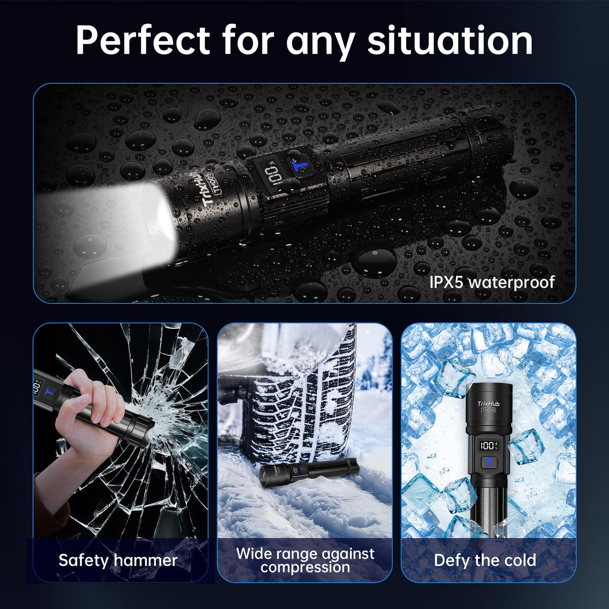 TrixHub Rechargeable Flashlights High Lumens, 5Mode Flash Light with LCD Digital Display, Super Bright Flashlight Adjustable Tactical Flashlight, High Powered LED Handheld Flashlight for Home