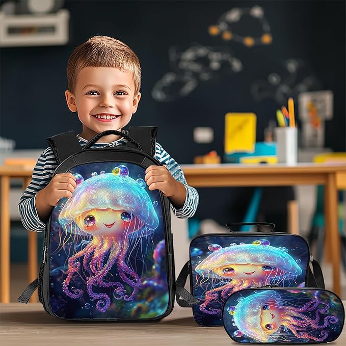 Cute Jellyfish Backpack Set 3 Piece School Bags and Lunch Box with Pencil Case Blue Ocean Jellyfish Bookbag Set for Toddler Kids Girls Boys Teens Kindergarten Elementary Middle