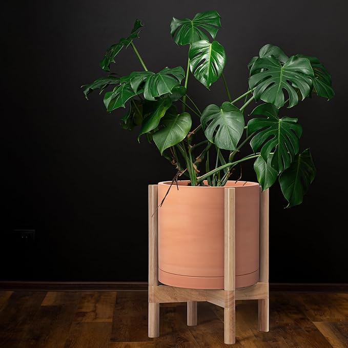 D'vine Dev Terracotta Planter with Natural Stand - 12 Inch Modern Round Flower Pot with Wood Planter Holder, Terracotta, 55-B-J-5