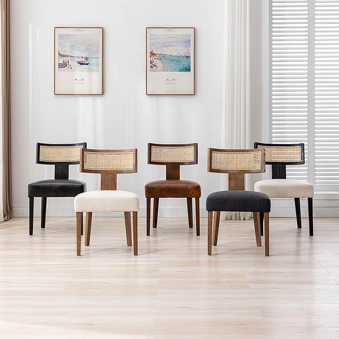 Rattan Dining Chairs Set of 4, Mid Century Modern Dining Chair Upholstered Linen Fabric Kitchen Side Chair, Modern Kitchen Armless Solid Wood Dining Chairs, Beige