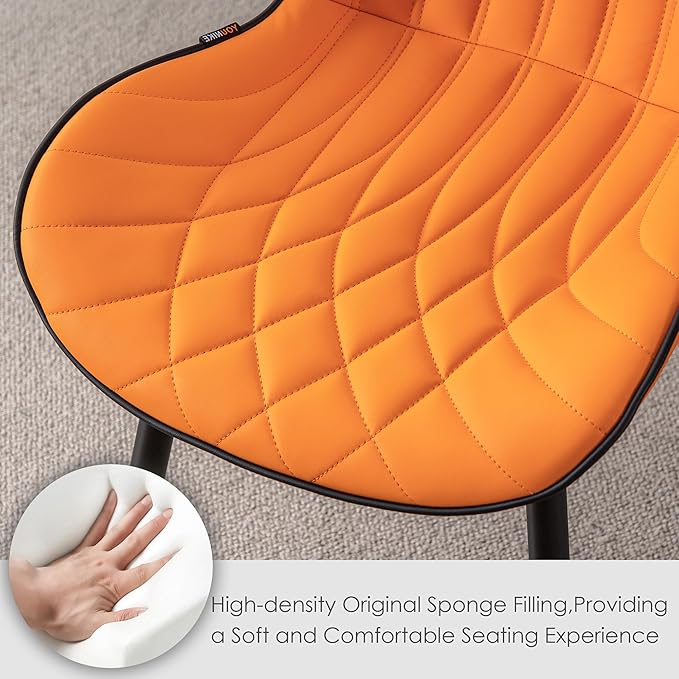 Kidol & Shellder Modern Dining Chairs Set of 2 Comfy Dining Room Chairs with Thick Cushions PU Leather Upholstered Kitchen Side Chairs with Metal Legs Orange