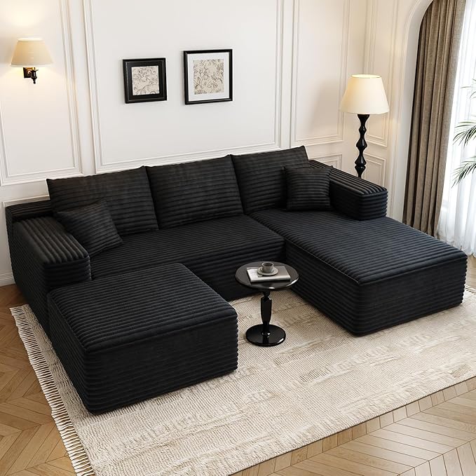 107.5" Cloud Modular Sectional Sofa with 1 Ottoman,Modern Minimalist Upholstered Couches, Comfort U Shaped Sofa for Living Room,Deep Seat Corner Couch,No Assembly Required (Black,Right Facing Chaise)