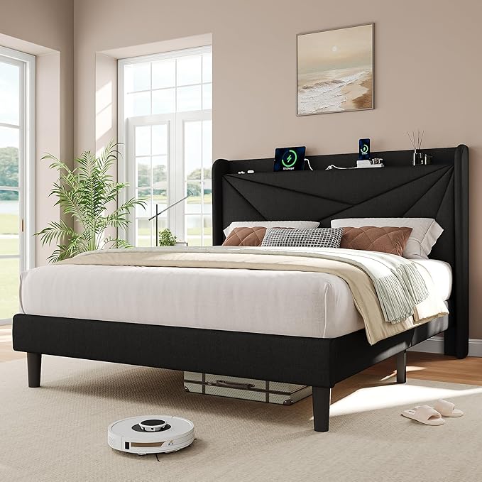 iPormis Queen Size Bed Frame with Charging Station, Linen Platform Bed Frame with Wingback Headboard Upholstered Bedframe, Solid Wood Slats Support, No Box Spring Needed, Easy Assembly, Black