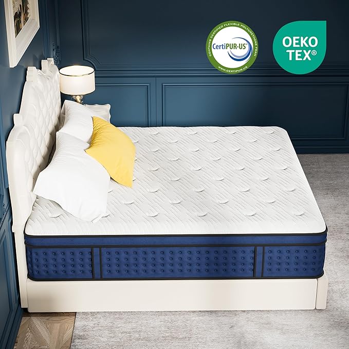 Memory Foam Innerspring Mattress - 14 Inch California King Size Mattress for Back Pain Relief, Medium Firm with Reinforced Edge Support, Navy