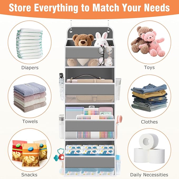 WISELIFE Over the Door Organizer - 4 Shelves Large Capacity Hanging Bedroom Storage Solution with 6 Side Pockets for Dorm Bathroom Pantry Nursery and Baby Essentials Holds up to 40 lbs (Grey)