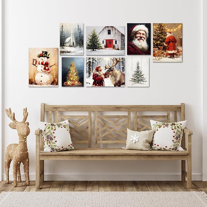 Rustic Snowman with Gift Box Christmas Canvas Wall Art - Humorous Winter Scene Framed Print for Bathroom & Bedroom Decor, Cozy Farmhouse Christmas Wall Art, Unique Christmas Gift & Festive Decoration