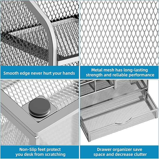 Marbrasse Mesh Pen Holder for Desk, Pen Organizer with Drawer, Multi-Functional Pencil Organizer, Desk Organizers and Accessories for Office Art Supplies (Silver)