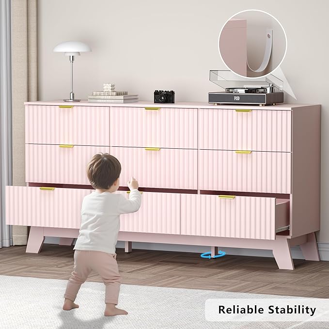 Fluted 9 Drawer Dresser, 57.1" Wide Modern Boho Chest of Drawers, Wooden Storage Dresser TV Stand for Bedroom, Living Room, Closet, Hallway, Curved Profile Design