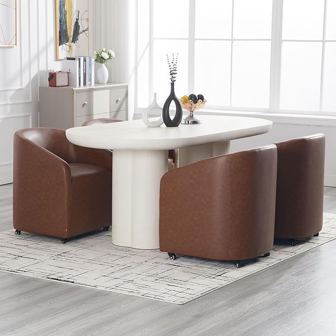 Brown Barrel Dining Chairs Set of 4, Modern Swivel Barrel Chairs with Casters Arms Comfy Faux Leather Upholstered Rolling Dining Chairs with Rollers for Living Room Reading Room Bedroom