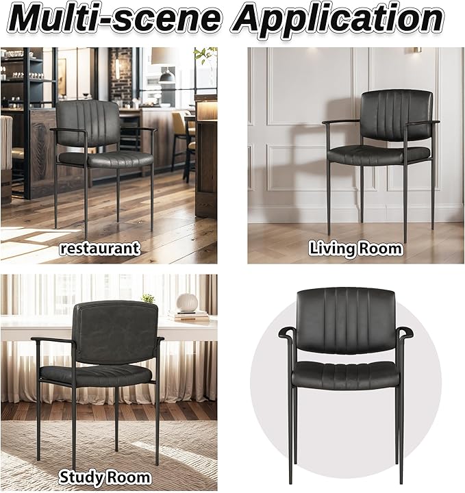 Mid-Century Modern PU Leather Dining Chairs Set of 2, Upholstered Kitchen Chairs with Arms and Metal Legs Adjustable Feet for Kitchen Dining Room(Black)