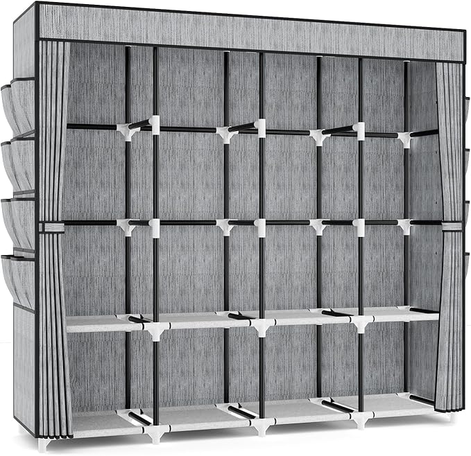 Portable Closet for Hanging Clothes, 67 Inch Wide Portable Wardrobe Closet with Cover, 4 Hanging Rod, Storage Shelves and Side Pockets, Large Free Standing Closet for Bedroom, Printing