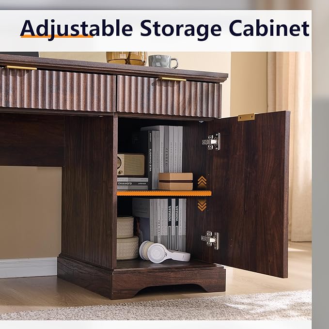 JXQTLINGMU 58" Modern Executive Desk with Storage, Wood Home Office Desk with 5 Drawers & 1 Cabinet, Fluted Computer Writing Desk for Study, Living Room, Bedroom, Dark Walnut