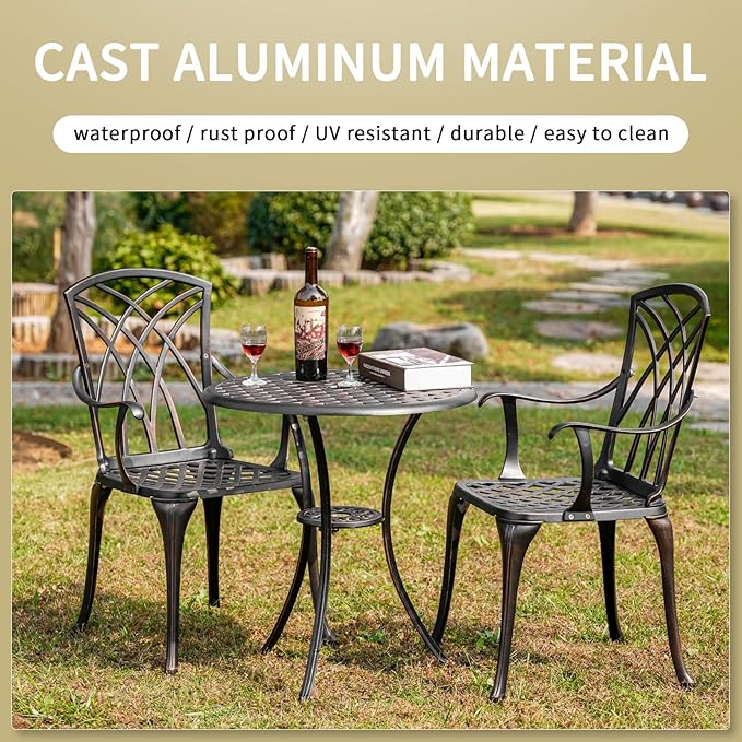 3 Piece Patio Bistro Set Outdoor Bistro Table Set Anti Rust Bistro Table and Chairs w/Umbrella Hole, Durable Patio Set for Porch, Balcony