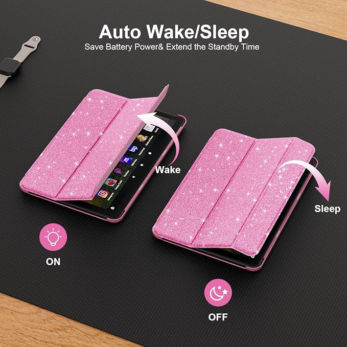 Case for 8in Tablet with Auto Wake/Sleep Pink Glitter