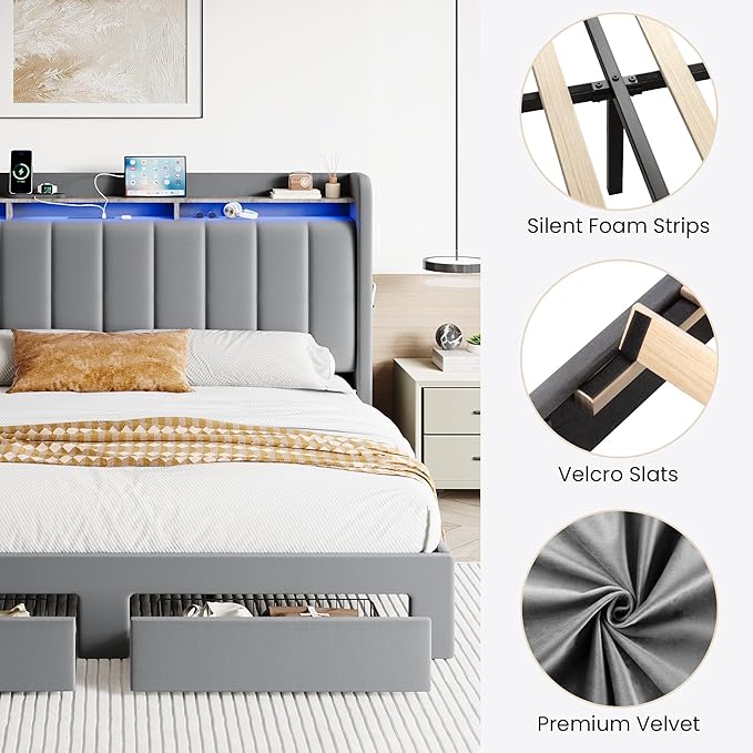 SHA CERLIN Velvet King Size Bed Frame with Vertical Channel Tufted Wingback Headboard & 2 Storage Drawers/2-Tier Shelves with LED Lights & Charging Station/Noise-Free/No Box Spring Needed/Light Grey