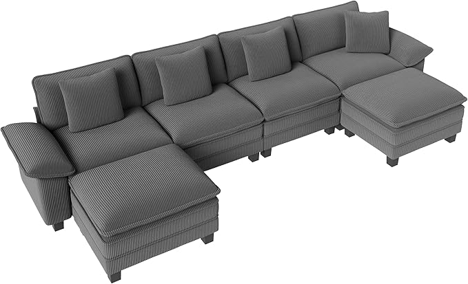 PHI VILLA Cloud Modular Couch Sets, 157.5" Large Sectional Sofa with U-Shaped Chaise, 6-Seater Couches with Movable Ottomans for Living Room, Corduroy Fabric, Grey