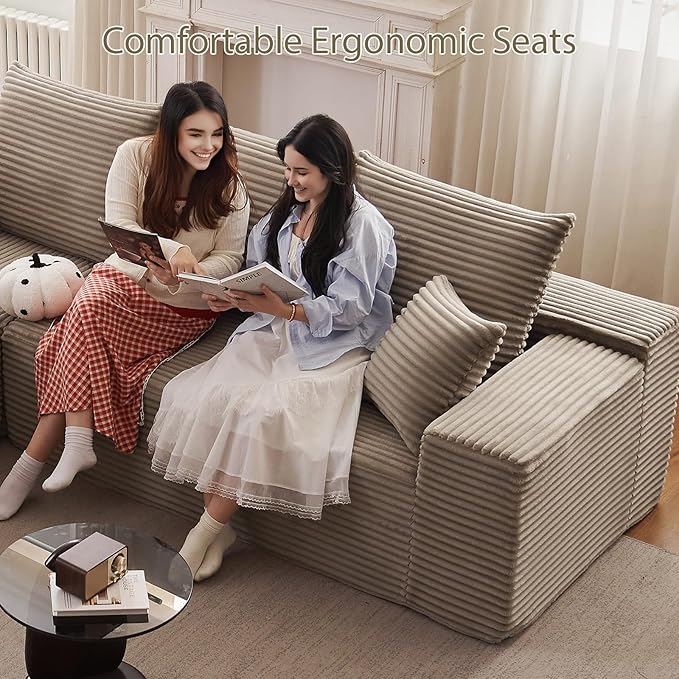 140" Sectional Cloud Couch for Living Room, Stupendous U Shaped Sofas, Modular Floor Deep-Seat Sofa, Big Comfy Corduroy Couches Set with Fluffy Memory Foam, No Assembly Required, Camel
