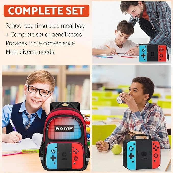 School Backpack for Boys - 3pcs Gamer Boys Backpack with Lunch Box and Pencil Case for Kids Children Teens Elementary Middle School - HFHTDC Video Game Bookbag 17″ Large Capacity