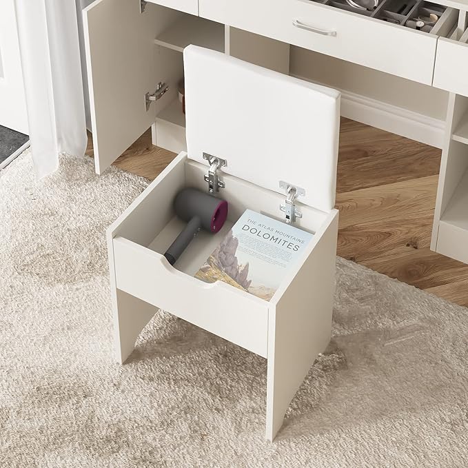 Vabches Vanity Desk with Lighted Mirror, Large Makeup Vanity Table Set with Bench & Cabinets, 45.2inch (W), White