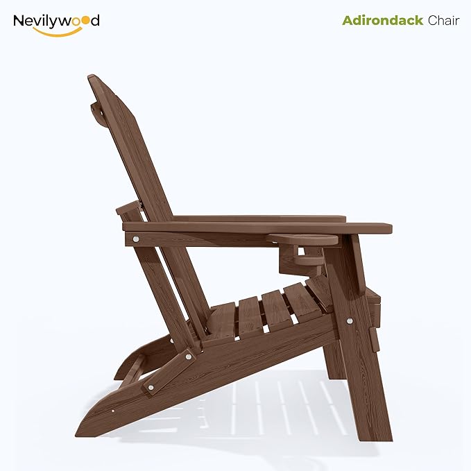 nevilywood Folding Adirondack Chair with Cup Holder Set of 4, HDPE Patio Chairs,All-Weather Outdoor Chairs for Backyard, Deck,Fire Pit-Coffee