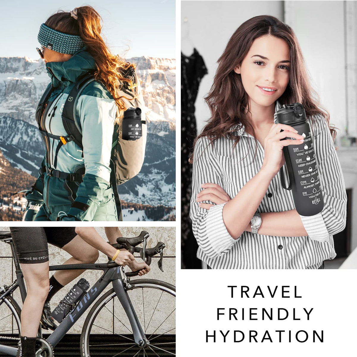 Hyeta Water Bottle with Straw & Time Marker, Plastic 32oz Leakproof