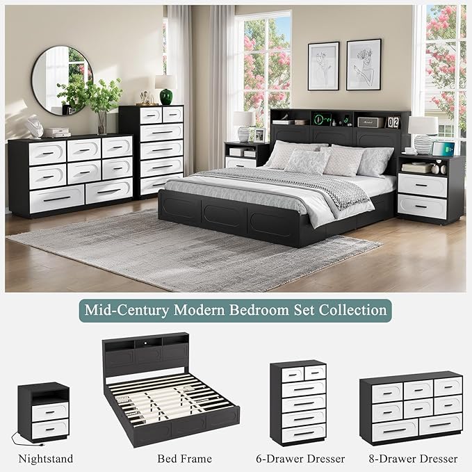 Dresser for Bedroom, 44" Tall Dressers & Chests of Drawers w/Solid Wood Handle, Wood Mid Century Closet Organizers and Storage Cabinet for Bedroom, Living Room, Hallway, Black/White